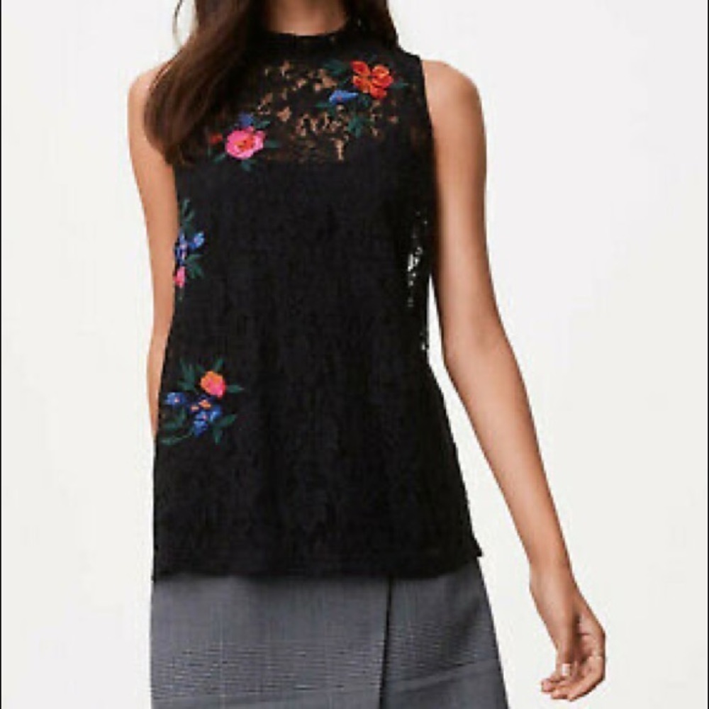 LOFT Women’s Black Embroidered Floral Mock Neck Lacey Sleeveless Top Size Small